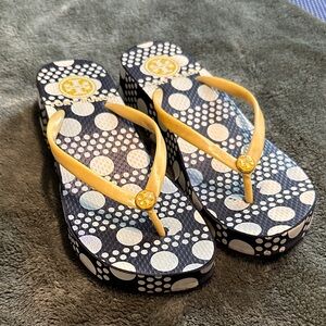 Tory Burch Navy Polka Dot Flip Flops with Yellow Straps